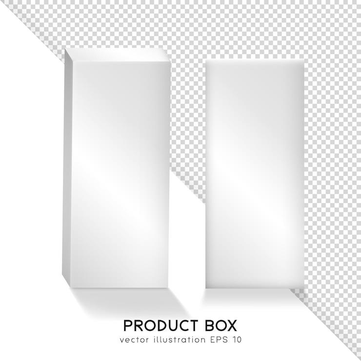 Vecteur boîtes de produits blanc mat 3d réalistes. maquette de grands emballages en plastique ou en papier isolés
