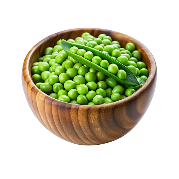 un bol en bois avec des pois verts et un fond blanc