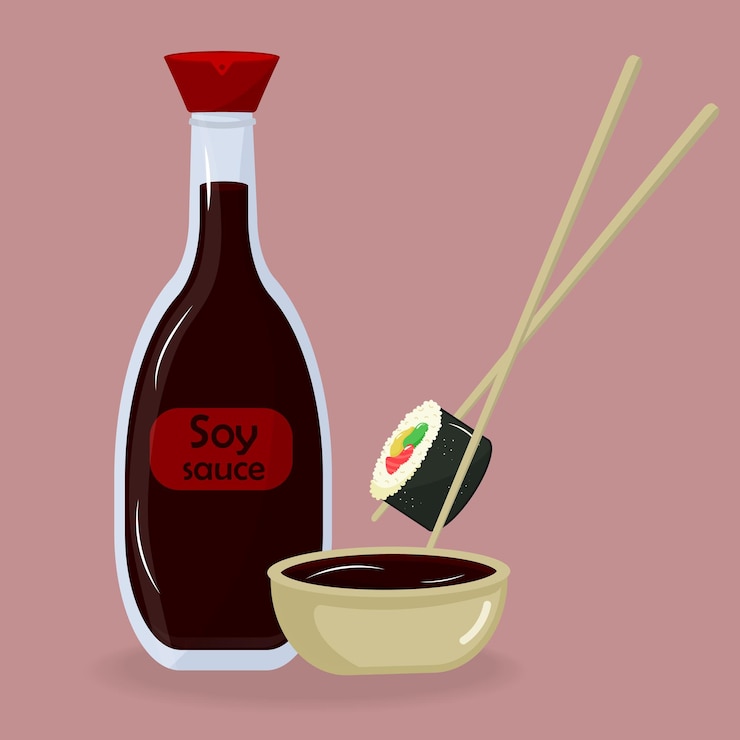 Vecteur bol de bouteille en verre de sauce soja et baguettes avec rouleau de sushi japonais cuisine asiatique