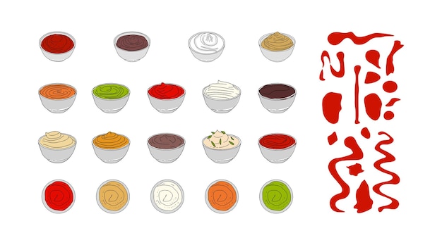 Un bol avec un ensemble de sauce dessiné à la main