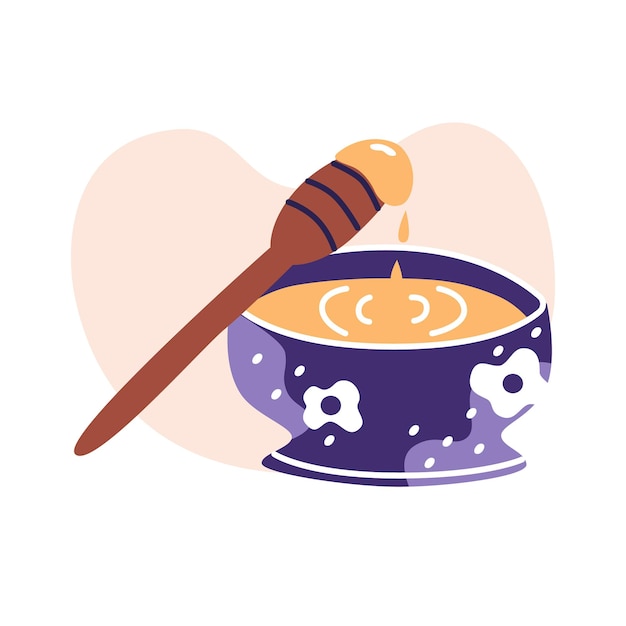 Bol de miel avec un bâton en bois ou une louche Illustration vectorielle de dessin animé plat en céramique florale rétro