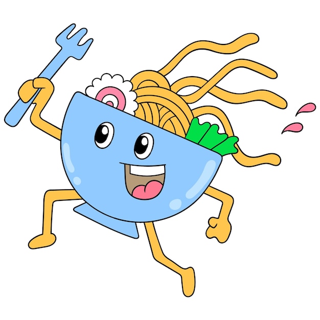 Le Bol De Nouilles Ramen Marche Avec Un Visage Heureux, Art D'illustration Vectorielle. Doodle Icône Image Kawaii.