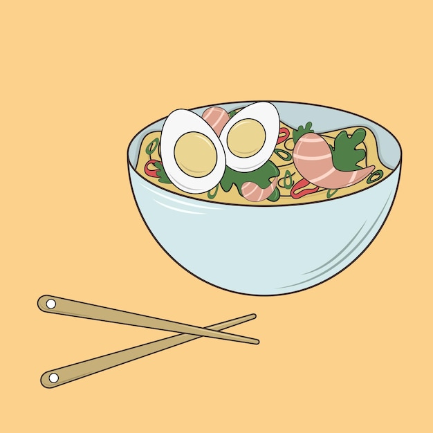 Bol avec ramen et baguettes Illustration sur le thème de la cuisine asiatique
