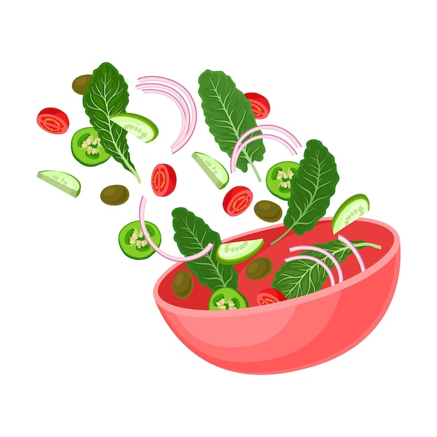 Bol Rose Avec Des Tranches De Légumes Et D'herbes Illustration Vectorielle Sur Fond Blanc