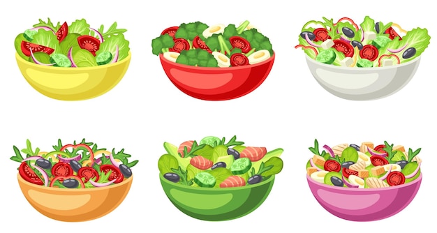 Bol à salade de dessin animé Aliments sains, légumes crus hachés et laitue servis dans un ensemble de vecteurs de bols