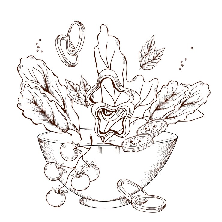 Bol à salade avec mélange de légumes et de feuilles de laitue illustration vectorielle de style de gravure isolée