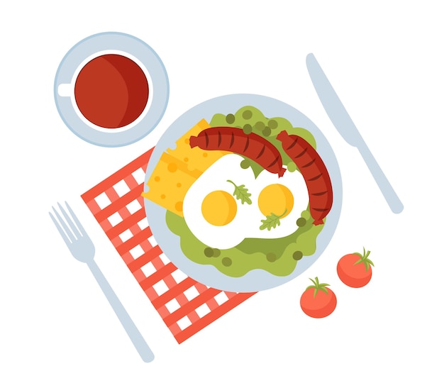 Bol avec des saucisses de concept de petit-déjeuner sain avec des légumes, du fromage et des œufs, une alimentation équilibrée et