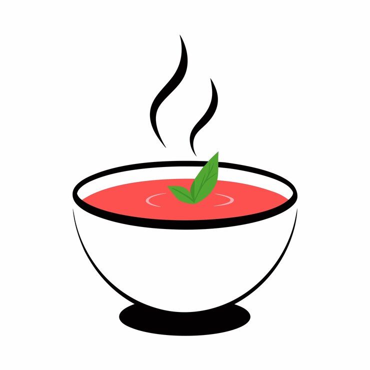 Vecteur un bol de soupe avec une feuille verte sur le côté