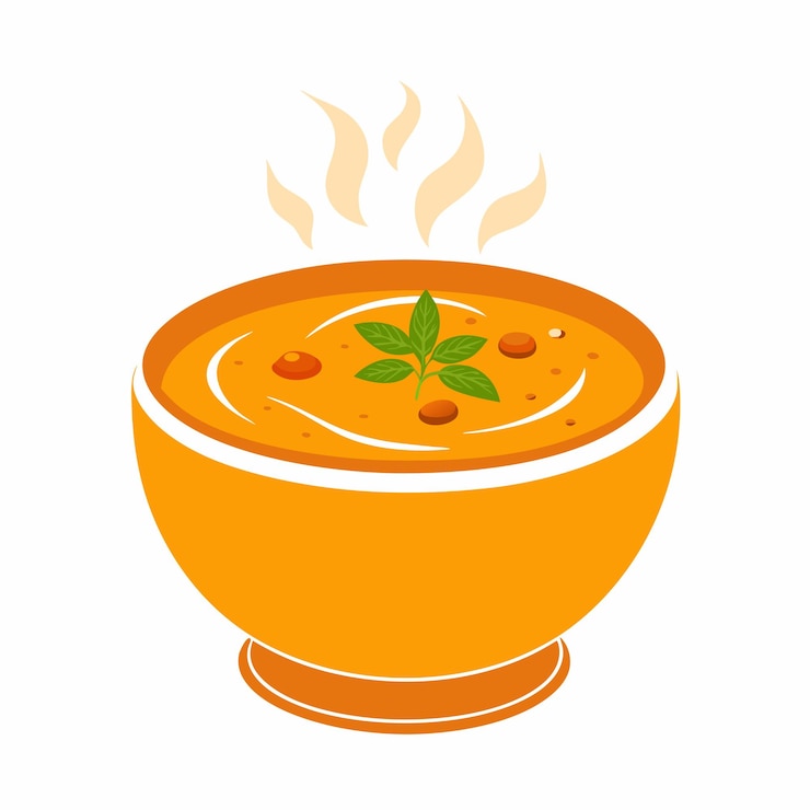 Vecteur un bol de soupe avec une feuille verte sur le dessus