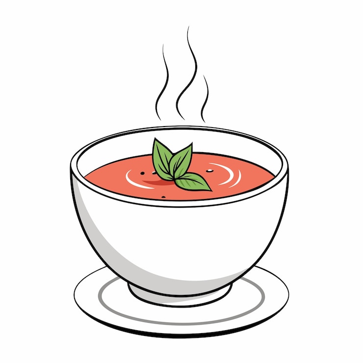 Vecteur un bol de soupe avec une feuille verte sur le dessus