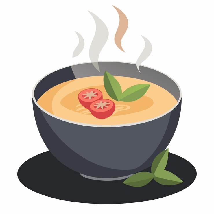 Vecteur un bol de soupe avec une tomate cerise et une tranche de citron