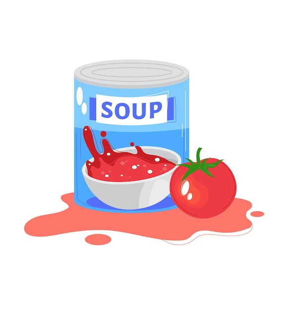 Vecteur un bol de soupe de tomate renversé à côté d'une tomate fraîche et d'une boîte de soupe étiquetée concept d'accident de déversement de nourriture