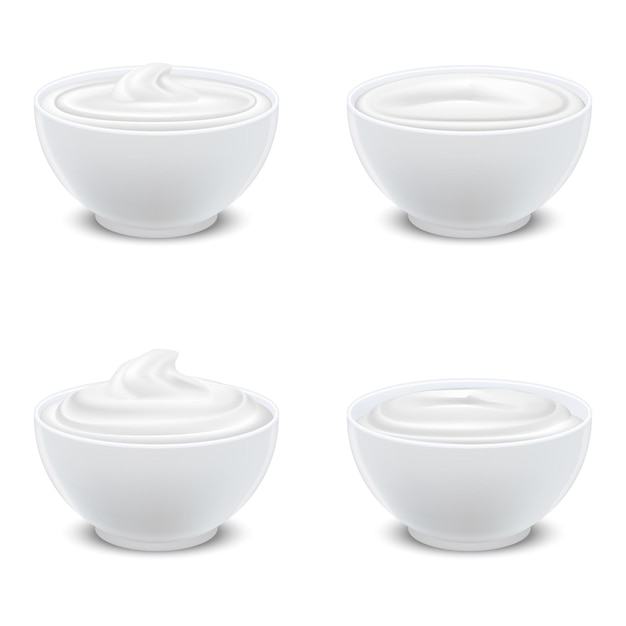 Vecteur des bols blancs blancs réalistes en 3d détaillés, du yogourt à la crème sure ou de la mayonnaise, un modèle vide, un jeu de maquettes, une illustration vectorielle