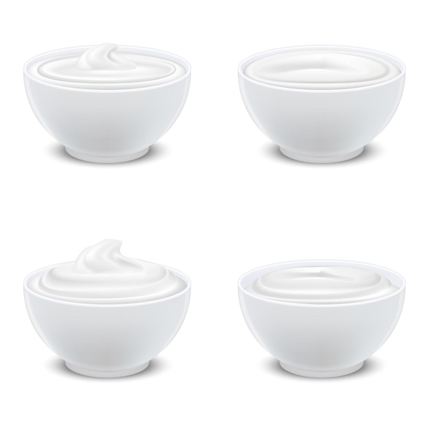 Des bols blancs blancs réalistes en 3D détaillés, du yogourt à la crème sure ou de la mayonnaise, un modèle vide, un jeu de maquettes, une illustration vectorielle