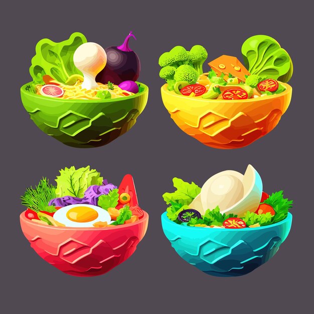 Bols avec salade des aliments sains avec des légumes Isolé sur fond Illustration vectorielle de dessin animé