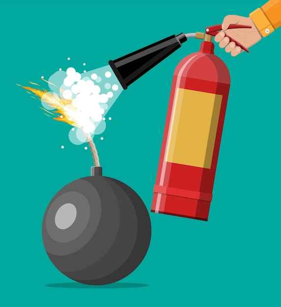Bombe boule noire sur le point d'exploser et extincteur à main. Bombe circulaire en métal avec mèche brûlante sur le point d'exploser. Arrêtez le concept de conflit. Illustration vectorielle dans un style plat