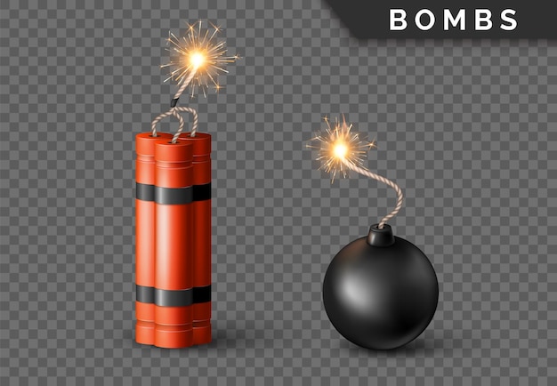 Bombe Dynamite Avec Mèche Brûlante Et Bombe Sphère Noire. Arme Rouge Détonante Militaire. Illustration