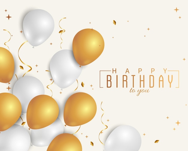 Bon anniversaire carte de vœux blanche et dorée avec des ballons confetti et des rubans