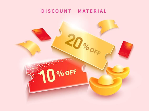 Vecteur bon cadeau combo promo modèle coupon de réduction avec lingot chinois et décoration d'enveloppe rouge