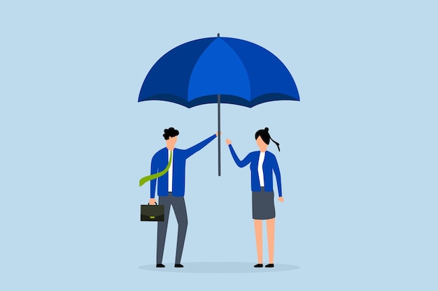 Un bon patron défend l'équipe pour le droit un bon homme d'affaires offre un grand parapluie pour protéger l'employé du mal