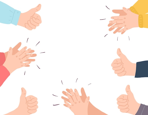 Bon travail. Les mains de dessin animé humain applaudissent. Pouce en l'air. Concept de bravo de félicitations de vecteur