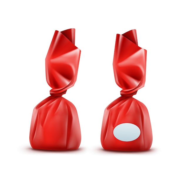 Bonbons Au Chocolat Réaliste Dans Un Emballage Brillant Rouge Close Up Isolé Sur Fond Blanc