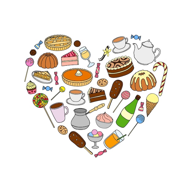 Vecteur bonbons dessinés à la main gâteaux crème glacée tartes café thé composé en forme de cœur