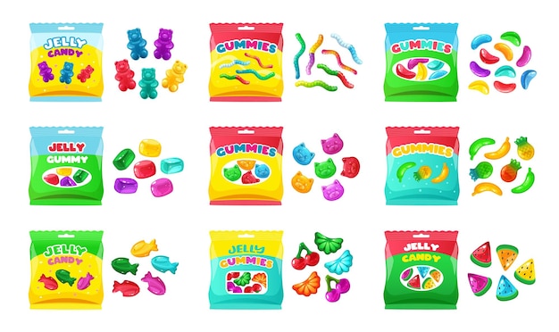 Bonbons à La Gelée De Dessin Animé Pack De Variétés De Bonbons Mignons De Bonbons Gélifiés Multicolores Et Vers De Bonbons Avec Ensemble Vectoriel D'emballage D'illustration Alimentaire De Variété Sucrée De Bonbons à La Gelée