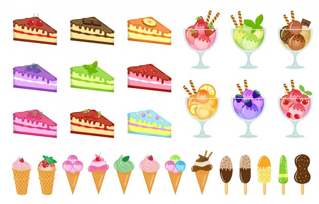 Bonbons grand set d'icônes, gâteaux et glaces, cheesecake, dessert dans une tasse en verre, style cartoon. Gâteaux d'élément de conception de collection de goûts différents. Isolé sur fond blanc. illustration.