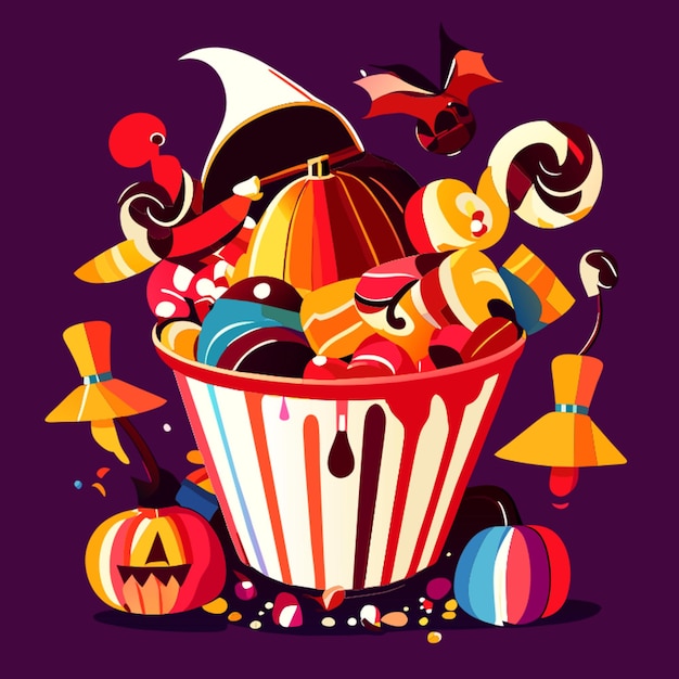 Vecteur bonbons d'halloween débordant d'un seau illustration vectorielle plate