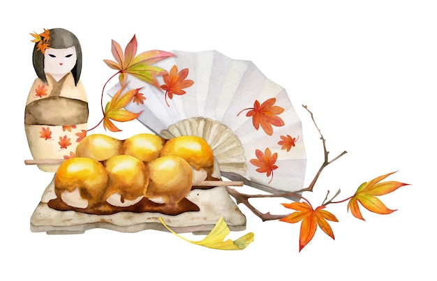 Bonbons traditionnels japonais dessinés à la main à l'aquarelle Plat en céramique automne nerikiri mochi daifuku Isolé sur fond blanc Conception pour les invitations restaurant menu cartes de voeux impression textile