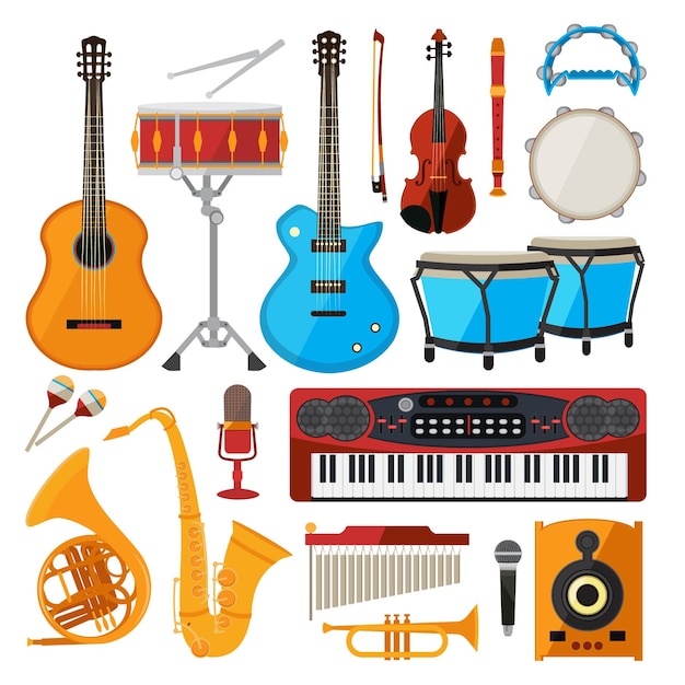 Vecteur bongo, batterie, guitare et autres instruments de musique. piano et saxophone, guitare et trompette