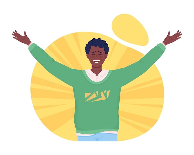 Bonheur 2D vector illustration isolée Personnage plat excité et joyeux sur fond de dessin animé Homme se sentant heureux et satisfait scène colorée pour la présentation de site Web mobile