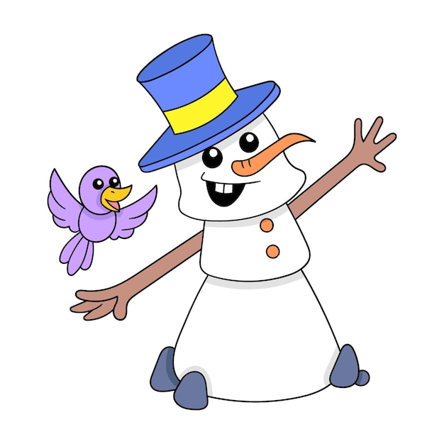 Le Bonhomme De Neige Accueille Avec Bonheur L'image D'icône De Doodle De Printemps Kawaii