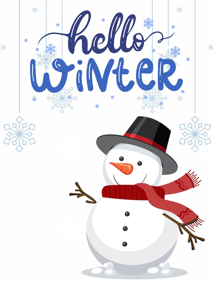 Vecteur un bonhomme de neige avec un chapeau qui dit bonjour hiver