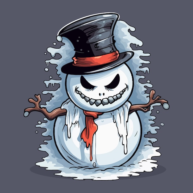 Un bonhomme de neige de dessin animé portant un chapeau de haut effrayant illustration de couleur glaciale tranchante
