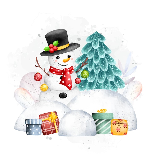 Bonhomme De Neige Illustration Aquarelle Et Cadeau En Hiver