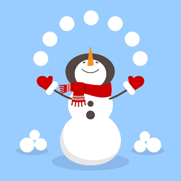Bonhomme de neige jonglant avec des boules de neige. Illustration vectorielle dans un style plat