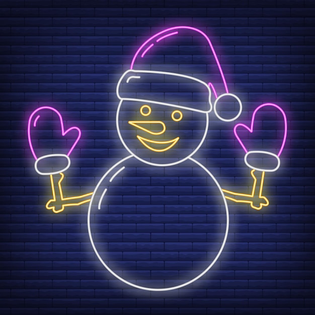 Bonhomme de neige joyeux Noël concept dans le style de lueur néon icône chapeau, bonne année et illustration vectorielle plane joyeux Noël, isolé sur fond noir. Heure d'hiver des vacances de Noël.