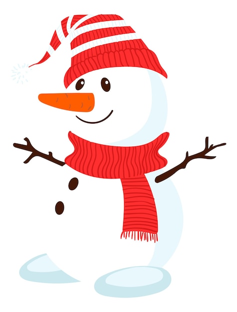 Bonhomme de neige mignon en chapeau rayé et écharpe rouge. Personnage de dessin animé souriant