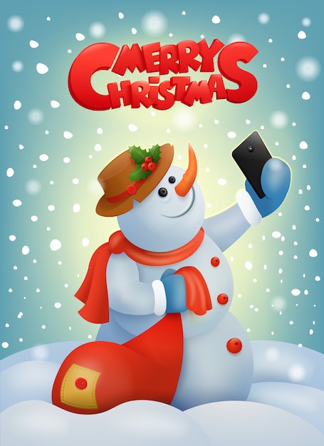 Bonhomme De Neige De Noël Avec Téléphone Intelligent Faisant Selfie