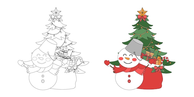 Le bonhomme de neige sac cadeau de Noël et l'arbre de Noël thème de Noël ligne d'art griffon illustration de dessin animé livre de coloriage pour enfants Joyeux Noël