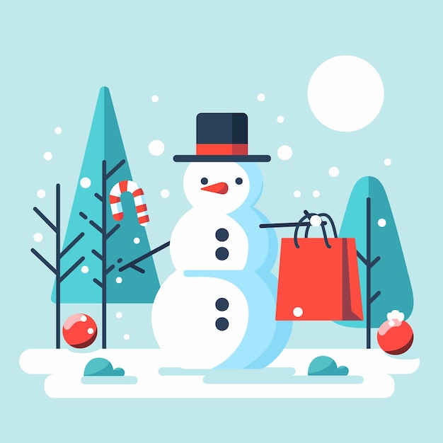 Vecteur le bonhomme de neige avec le sac à courses élargi
