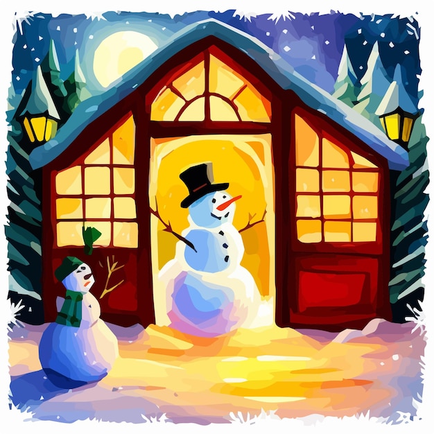 Bonhomme de neige se tient à la porte à l'entrée extérieure de la veille de Noël avec des lumières de décoration de Noël de bonhomme de neige et