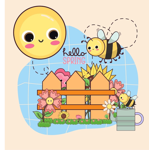 Vecteur bonjour abeille de printemps animaux kawaii mignons abeille printemps été fleurs bannière de jardin