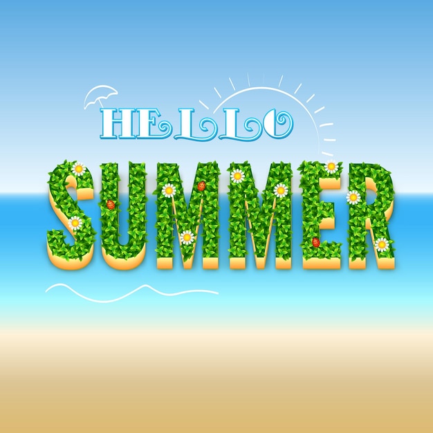 Vecteur bonjour affiche de conception typographique d'été sur un arrière-plan flou flou avec le soleil, les vagues de la mer.
