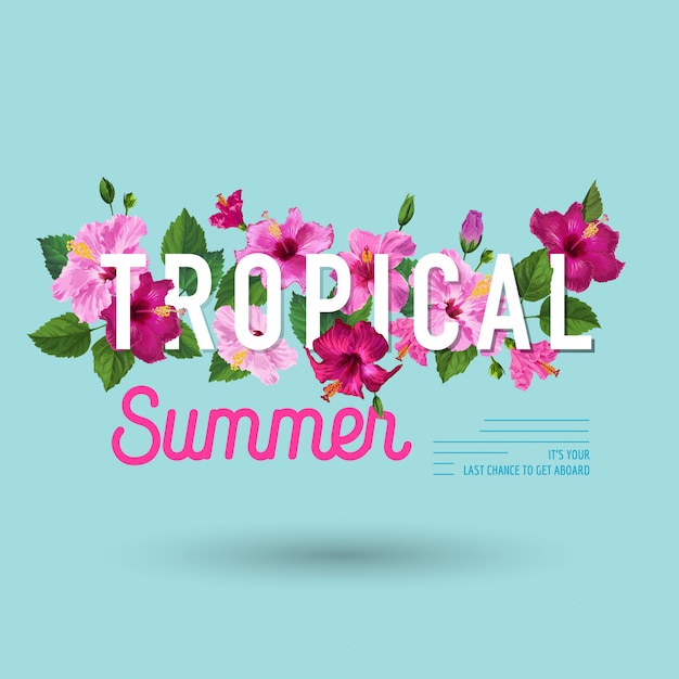 Bonjour Affiche Tropicale De L'été. Design Floral Avec Fleurs D'hibiscus Pourpres Pour T-shirt
