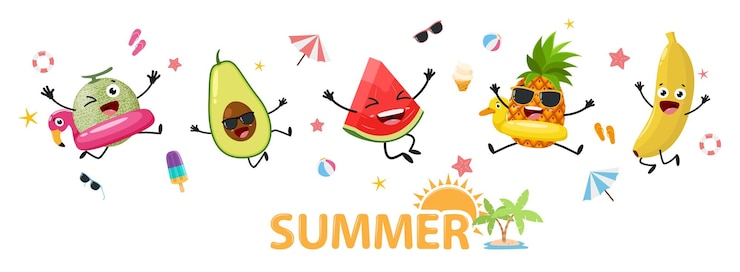 Vecteur bonjour à l'arrière-plan d'été avec un mignon dessin animé d'ananas et de pastèque