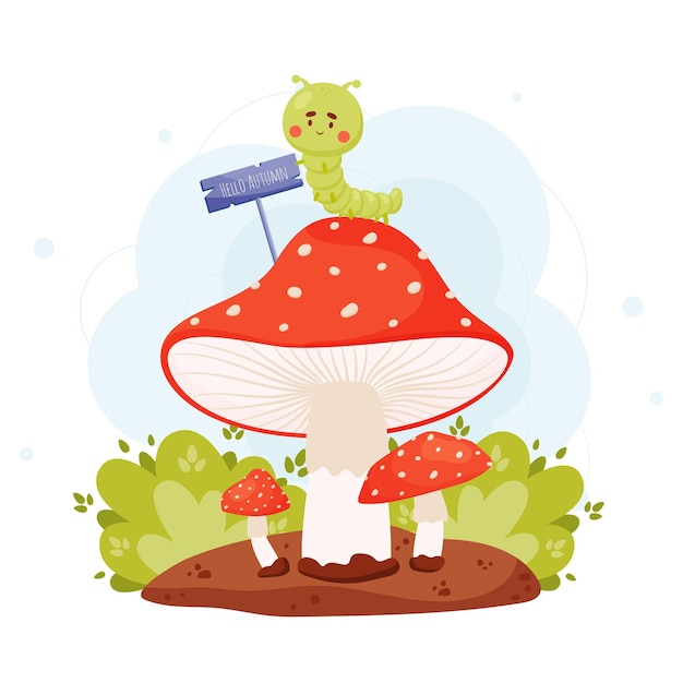 Bonjour Automne Affiche Mignon Personnage De Dessin Animé De Chenille Assis Sur L'illustration Vectorielle De Champignon Amanite