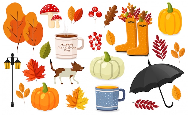 Vecteur bonjour l'automne, éléments d'automne à plat, feuilles colorées, citrouille, tasse à thé, bottes d'automne, parapluie, chien, champignons et lampadaire